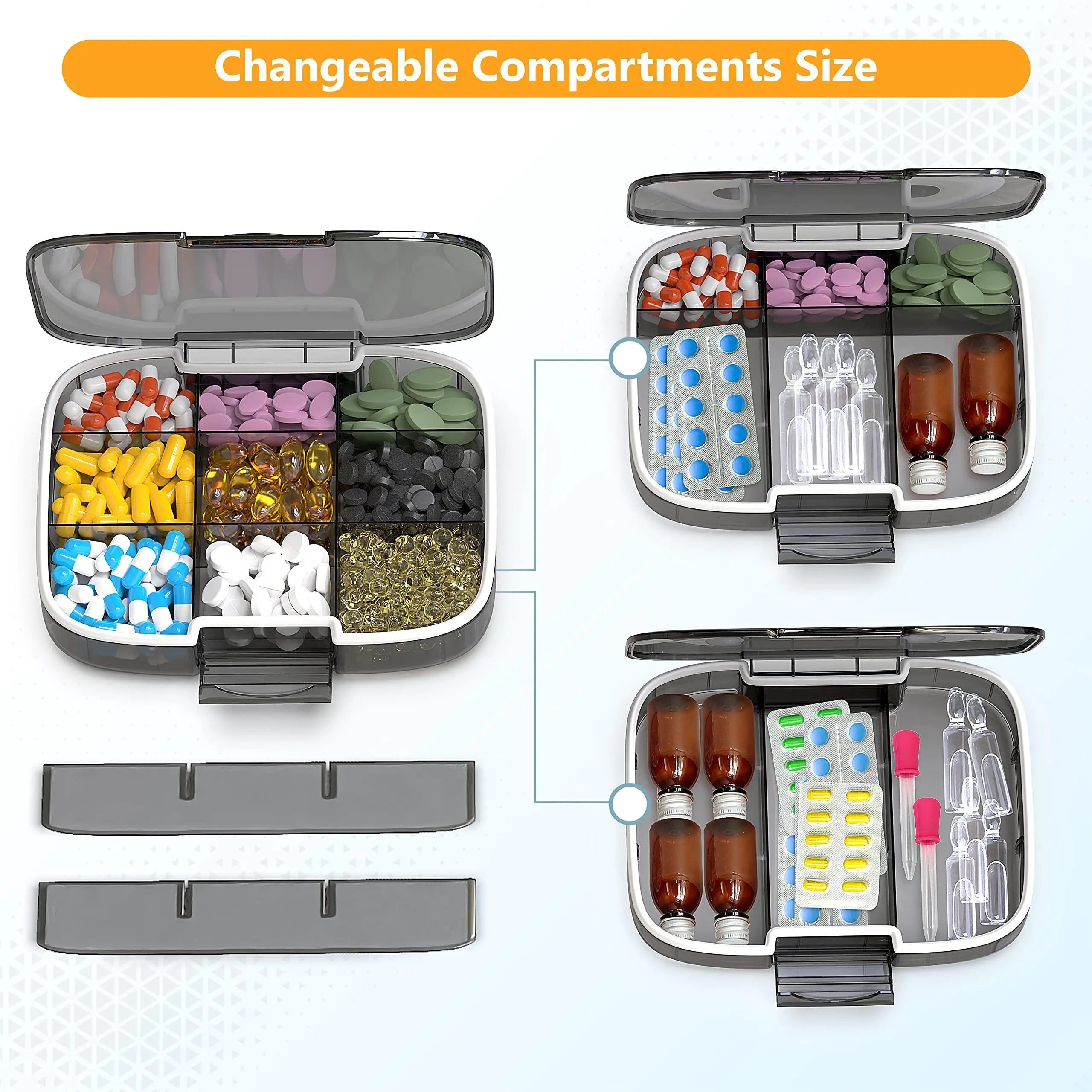 Extra Large Pill Organizer Medicine Case Black Pill Box Adjustable Compartment